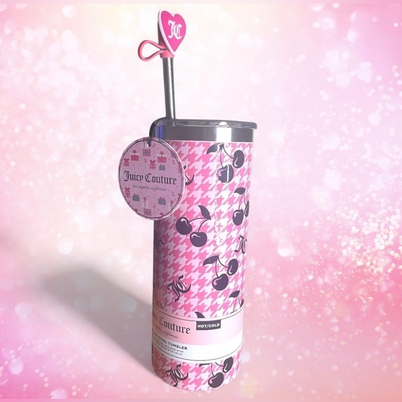 Juicy Couture 24z Tumbler Lid Straw Topper Pink Cherries Insulated Valentine NWT - Picture 2 of 2